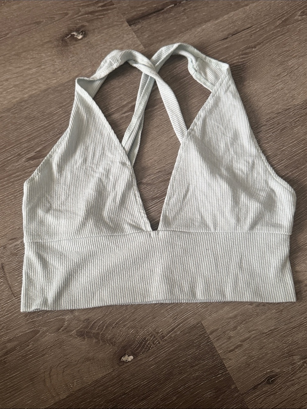 Light Aqua Ribbed Plunge Crop Top with Cross-Back Straps (S)